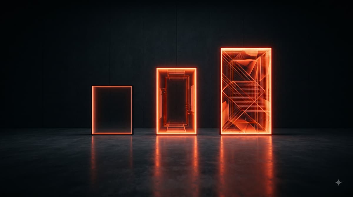 Ascending light forms showing tiered scale and growth