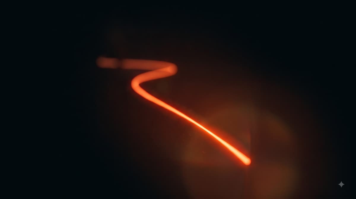 Glowing process thread extending through darkness